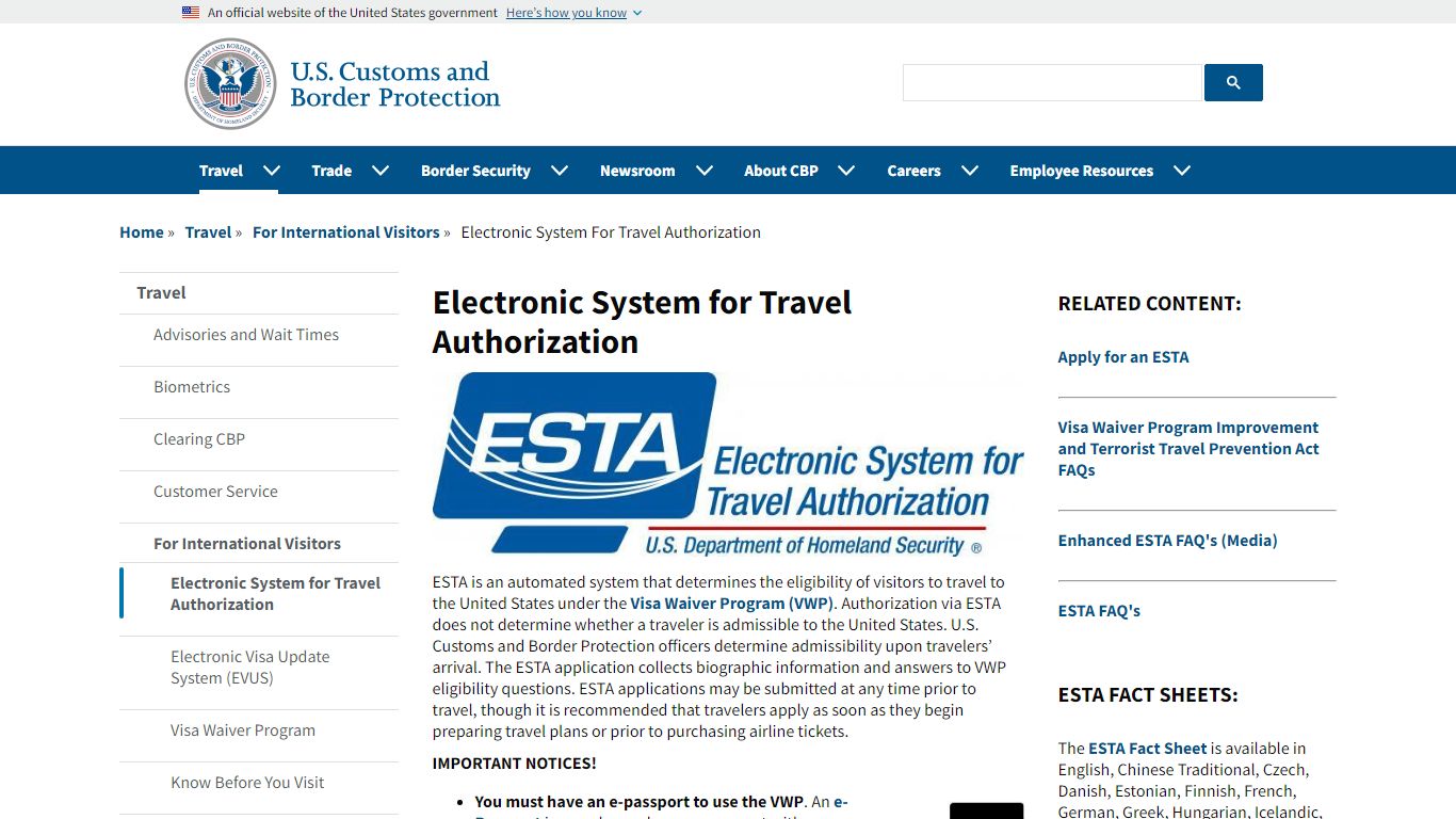 Electronic System for Travel Authorization | U.S. Customs and Border ...