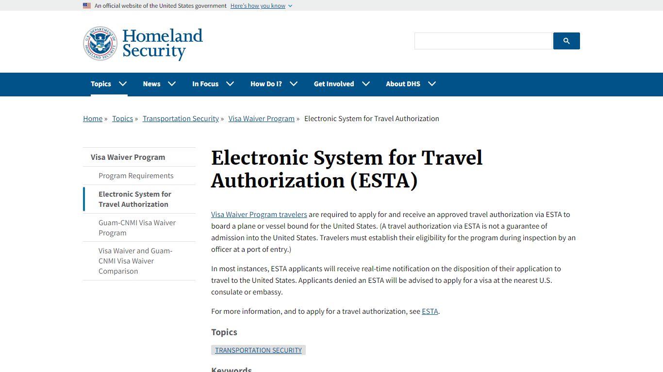 Electronic System for Travel Authorization (ESTA) | Homeland Security - DHS