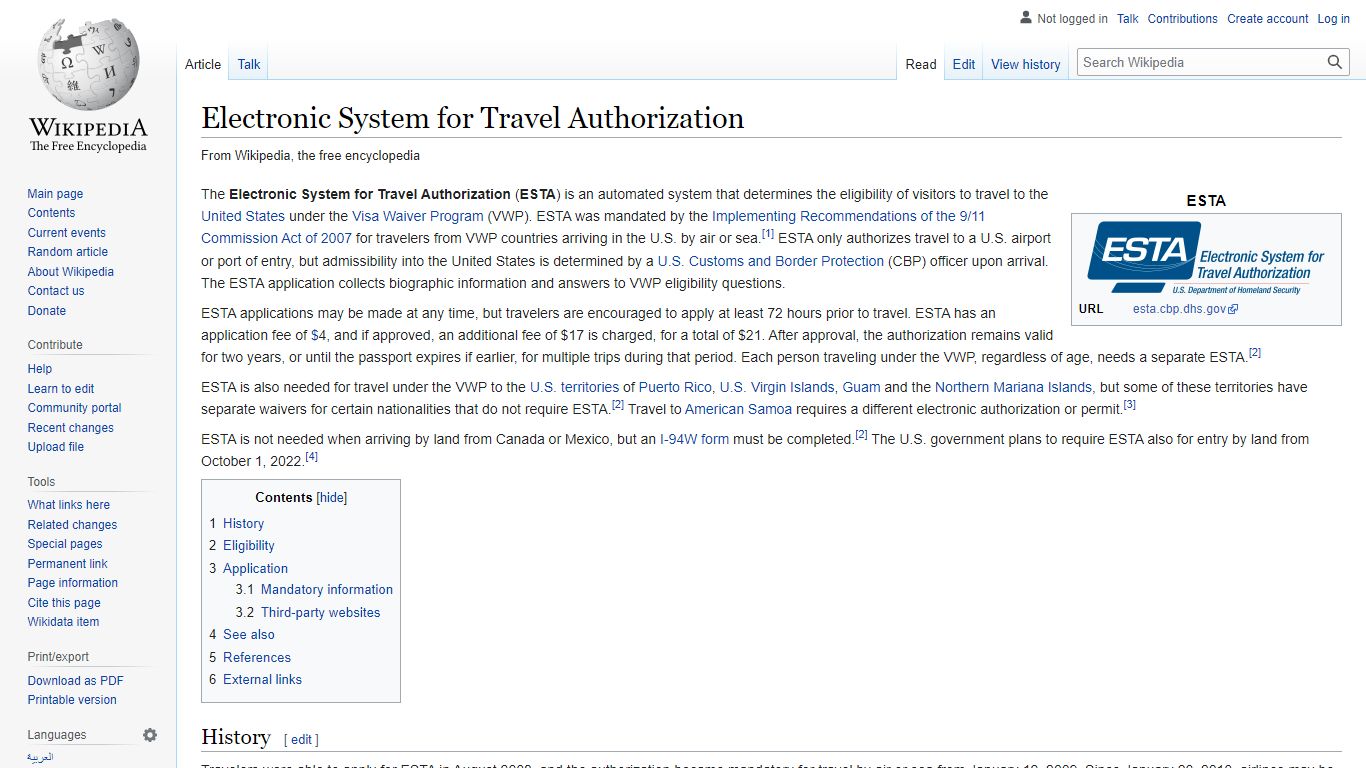 Electronic System for Travel Authorization - Wikipedia