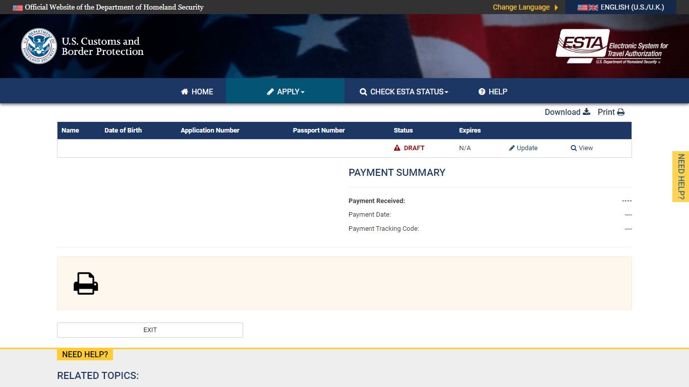 Official ESTA Application Website, U.S. Customs and Border Protection