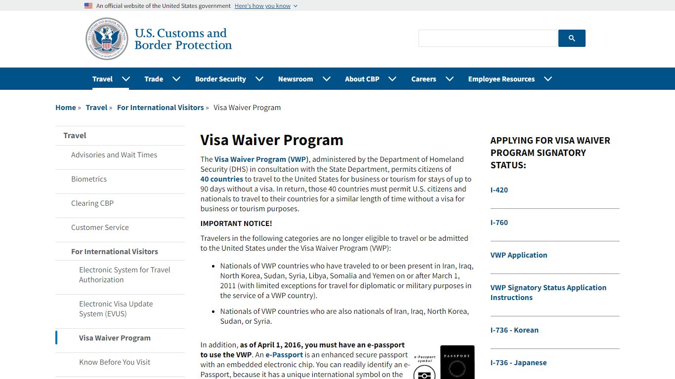 Visa Waiver Program | U.S. Customs and Border Protection
